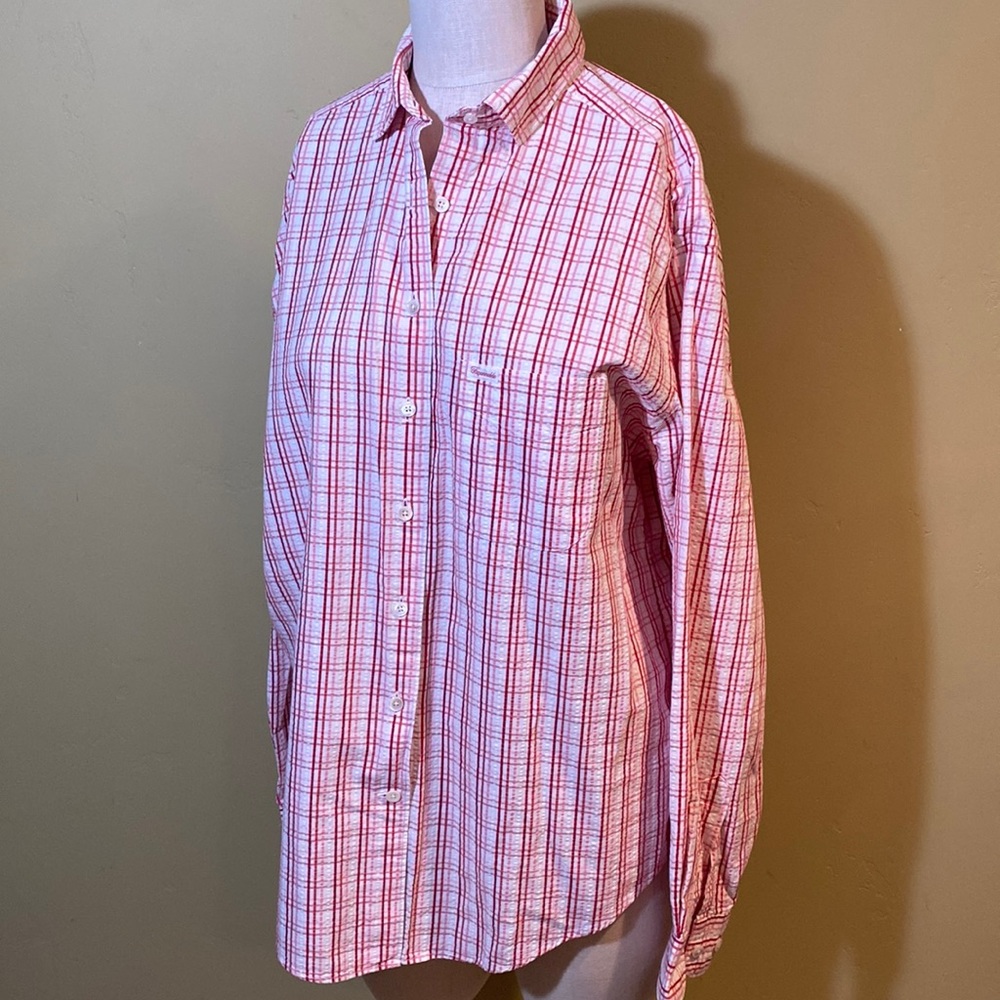 Faconnable Seersucker Blouse Shirt L Large Pink Red White Plaid
